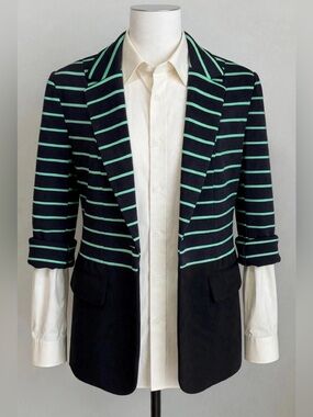 Grace Elements Open-Front Ponte Blazer Size 2 Black & Mint Green Striped